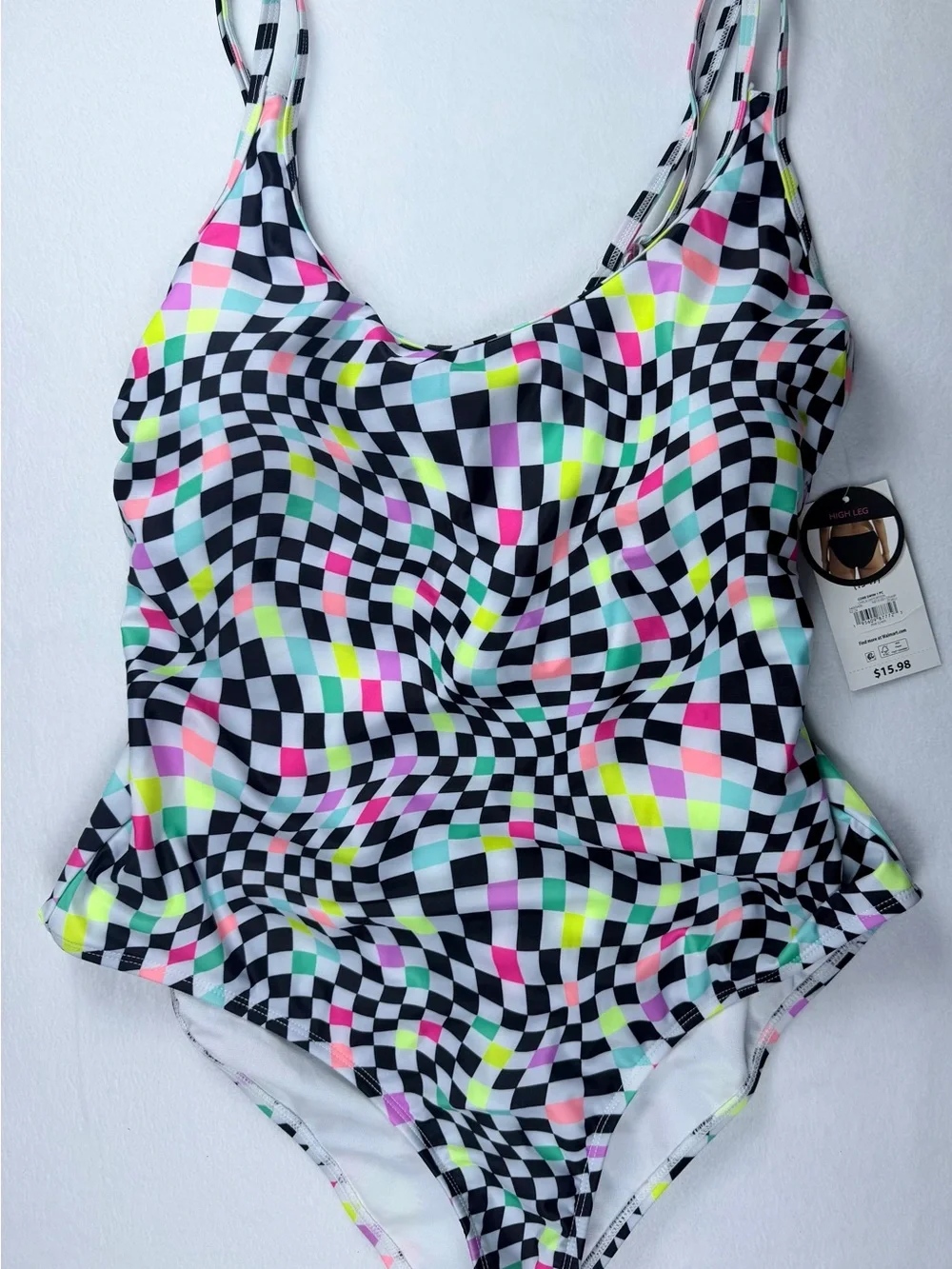 No Boundaries Junior’s XL (15-17) Black Multi Neon Checkerboard One Piece Swim - Picture 2 of 7